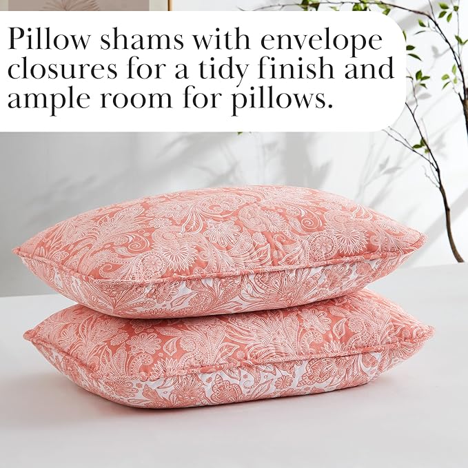 Southshore Fine Living, Inc. Paisley Quilt Set King/California Size, Light Weight Bedspread, 3-Piece Set Bohemian Bedding with Two Matching Quilted Pillow Shams, Cal/King Quilt, Reversible Coral
