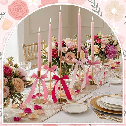 6 Set Pink Party Decorations, 6 Candle Holders and 6 Ribbon Bow, Metal Brass Gold Candlestick Holders for Table Wedding Bachelorette Birthday Party Supplies