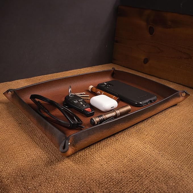 Valet Tray – Full-Grain Leather Catchall Organizer for Keys, Phone & Wallet – Rustic Nightstand & Desk Tray with Raised Sides – Handmade in USA (Vintage Brown, Large Rectangle)