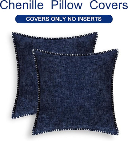 CaliTime Throw Pillow Covers Decorative 24 X 24 Inches Pack of 2 Cotton Thread Stitching Edges Solid Dyed Soft Chenille Cushion Cases for Couch Sofa Bed Living Room Farmhouse Navy Blue