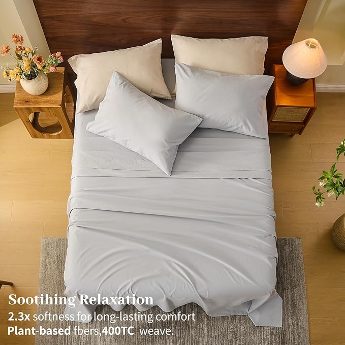 MEISHANG 100% French Pure Linen Sheets Queen Size - Extra Deep Pocket Sheet Set, Soft Durable Flax Linen, Anti-Tear Breathable & Oeko-Tex Certified 18-24 Deep Pocket,All Season(Silver Grey)