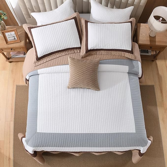 SahSahCasa 100% Cotton 120"x102" Oversized Bedspread Coverlet Quilt Set, Oversized Queen Quilted Bedspread Reversible Extra Large Quilt, XL Bed Spread Lightweight Comforter, 3pc, Brown/Gray/White