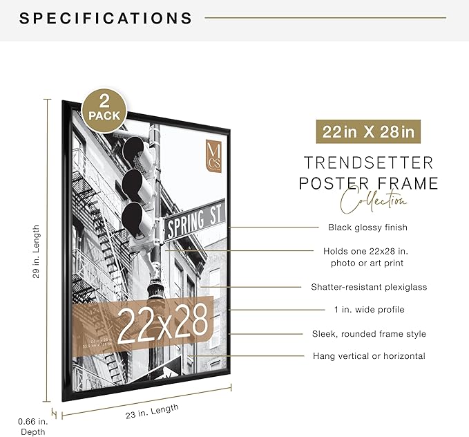 MCS Trendsetter 22x28 Poster Frame Black High-Gloss, Vertical & Horizontal Wall Hanging Large Picture Frame for Photos, Posters & Art Prints (2-Pack)