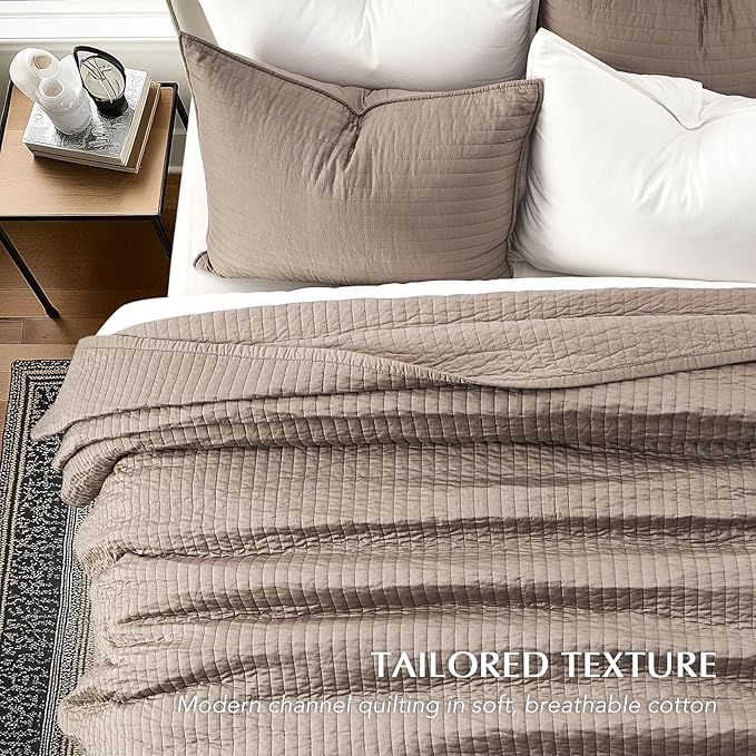 EVERGRACEHOME Cotton Sateen Quilt Set Queen Size, Pre-Washed Cotton Channel Stitch Coverlet Bedspread, 3 Pieces Lightweight Soft Bedding Sets for All Season, with 2 Pillow Shams, Stone Taupe