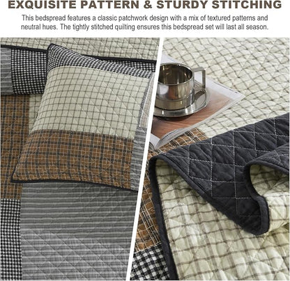 Oversized Quilt Bedspread 128"x120", 100% Cotton Patchwork Cal King Bedspreads Coverlet Set with Pillow Shams, Lightweight Quilted Farmhouse Bedding Cover, Brown/Beige/Gray