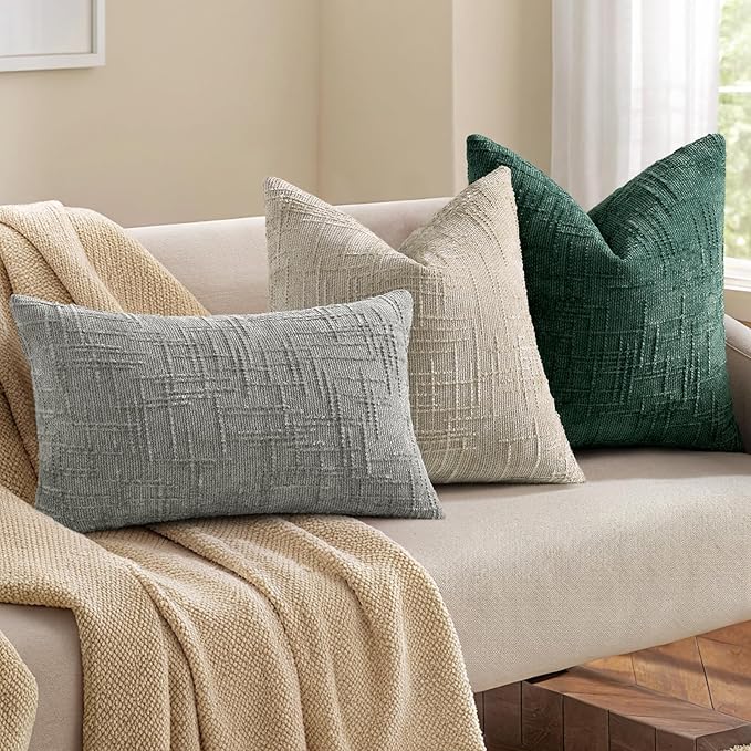 decorUhome Christmas Green Chenille Throw Pillow Covers 16x16 Set of 2 Thick Textured Slubby Couch Pillow Covers Farmhouse Accent Modern Neutral Decorative Pillow Cases for Bed Sofa Living Room