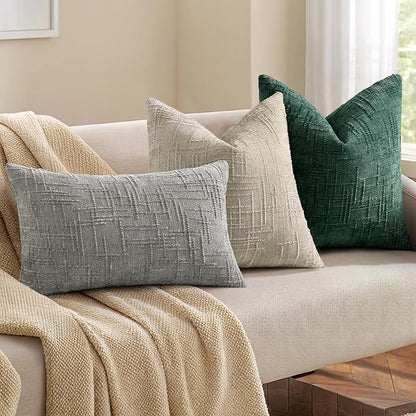 decorUhome Christmas Green Chenille Throw Pillow Covers 16x16 Set of 2 Thick Textured Slubby Couch Pillow Covers Farmhouse Accent Modern Neutral Decorative Pillow Cases for Bed Sofa Living Room