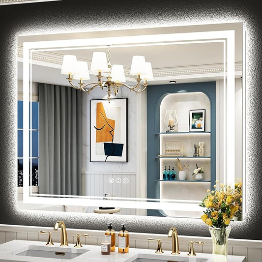 50x40 LED Bathroom Mirror with Lights, Backlit and Front Lit, Anti-Fog Lighted Vanity Mirrors for Bathroom Wall, Dimmable, 3-Color Light, Memory, Shatter-Proof, HD Tempered Glass, CRI＞90