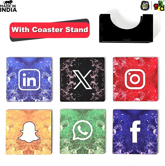 GKD Social Media Wooden Coasters for Drinks, MDF Wooden Coasters Set of 6 with Holder, 3.8 inches Eco-Friendly Absorbent Coaster for Coffee Table, Office, Bar, Drinking Glasses, Tabletop Protection