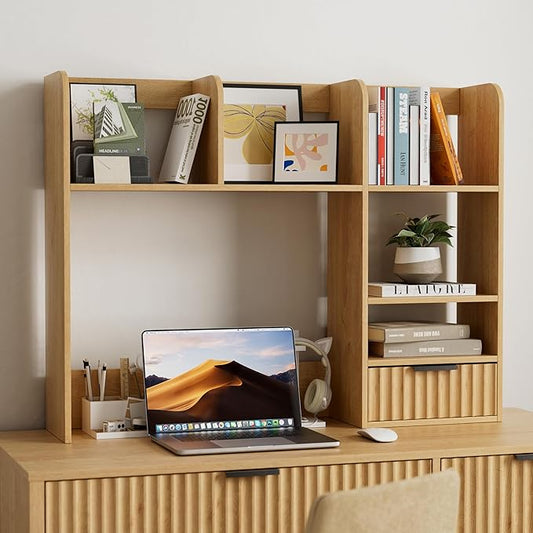 Desktop Bookshelf, Wood Desk Shelf with Fluted Drawer and 5 Shelves, Countertop Desk Hutch for Computer Desk, 3-Tier Display Rack Desk Shelf Storage Organizer for Dorm, Office, Natural Oak