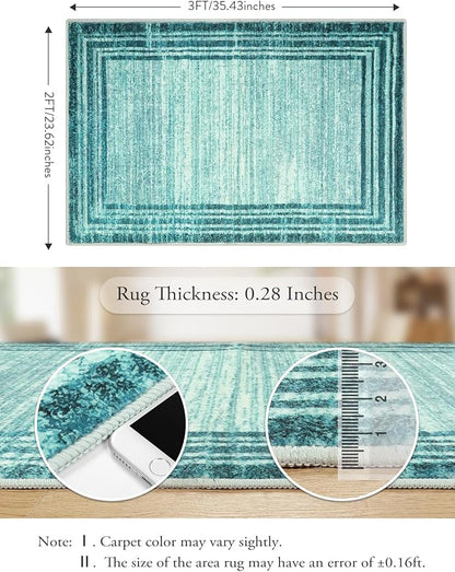 Lahome Modern Abstract Area Rug, Washable Teal 2x3 Entryway Rugs Non Slip Kitchen Carpet Indoor Front Door Throw Rugs, Minimalist Bordered Bathroom Rug Low-Pile Entry Mats for Bedroom