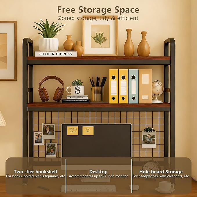 Desk Hutch Bookshelf, 2-Tier Desktop Storage Organizer Rack with Sturdy Metal Frame and Wood Board, 37.4″ Wide for Home Office or Dorm, Walnut