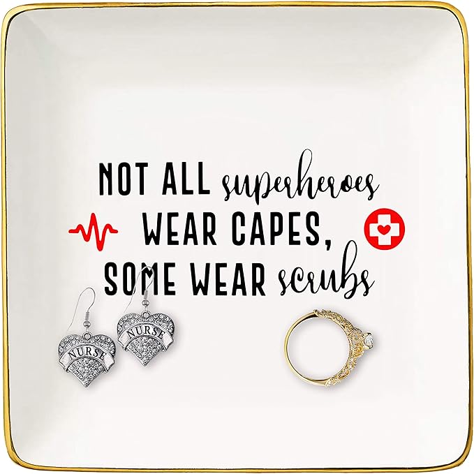 Topthink Funny Sayings Gifts for Nurse - Nurses Appreciation GIft - Not All SuperHeroes Wear Capes Some Wear Scrubs – Ceramic Jewelry Holder Ring Dish Trinket Box Tray