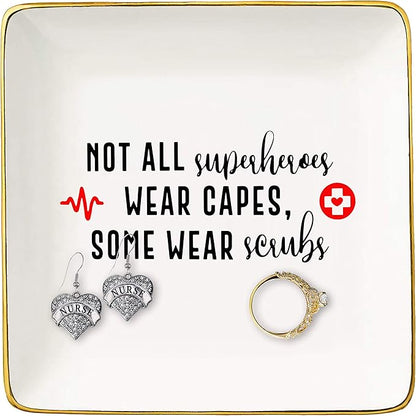 Topthink Funny Sayings Gifts for Nurse - Nurses Appreciation GIft - Not All SuperHeroes Wear Capes Some Wear Scrubs – Ceramic Jewelry Holder Ring Dish Trinket Box Tray