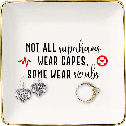 Topthink Funny Sayings Gifts for Nurse - Nurses Appreciation GIft - Not All SuperHeroes Wear Capes Some Wear Scrubs – Ceramic Jewelry Holder Ring Dish Trinket Box Tray