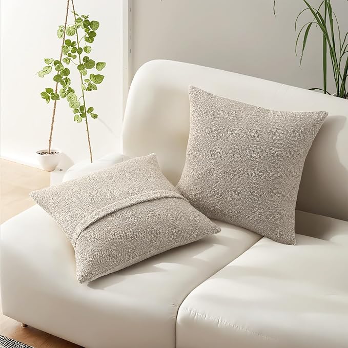 HAUSSY Set of 2 18x18 Decorative Throw Pillow Covers, Soft Cozy Textured Boucle Couch Cases, Home Decor for Couch Bed Living Room, Beige
