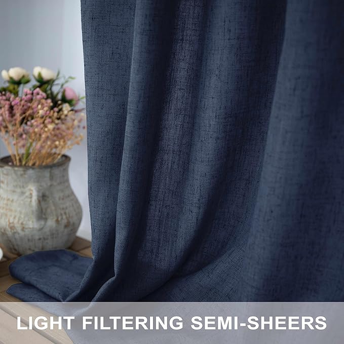 Navy Curtains 38 Inch Wide for Living Room 2 Panels Set Back Tab Rod Pocket Light Filtering Semi Sheer Linen Skinny Small Dark Blue Curtain for Windows Bedroom Closet Doors Nautical Width 38 x 96 Long