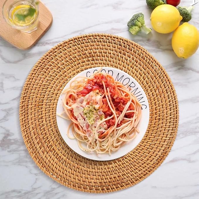 Natural Rattan Woven Placemats; Oval Tableware Mats Anti Slip Multifunctional Placemat (35x35cm Handwoven Trivet).