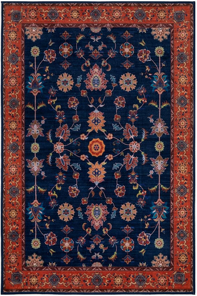 Tangsoo 2x4 Washable Rug for Entryway,Vintage Floral Entry Rug Non Slip,Indoor Front Door Small Rugs,Distressed Red Blue Print Door Mat Carpet,Soft Low Pile for Entrance Kitchen Bedroom Bathroom