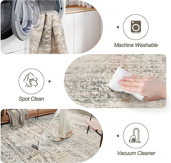 8x10 Area Rugs for Living Room, Stain Resistant Neutral Washable Rugs for Dining Room, Floral Vintage Non-Slip Thin Large Size Area Rug Taupe