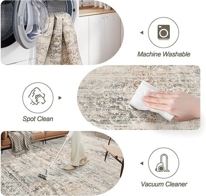 8x10 Area Rugs for Living Room, Stain Resistant Neutral Washable Rugs for Dining Room, Floral Vintage Non-Slip Thin Large Size Area Rug Taupe