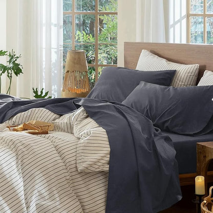 MooMee Bedding Sheet Set 100% Washed Cotton Linen Like Textured Breathable Durable Soft Comfy (Solid Deep Grey, Queen)