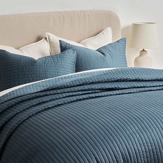 EVERGRACEHOME Cotton Sateen Quilt Set King Size, Pre-Washed Cotton Channel Stitch Coverlet Bedspread, 3 Pieces Lightweight Soft Bedding Sets for All Season, with 2 Pillow Shams, Sonoma Blue