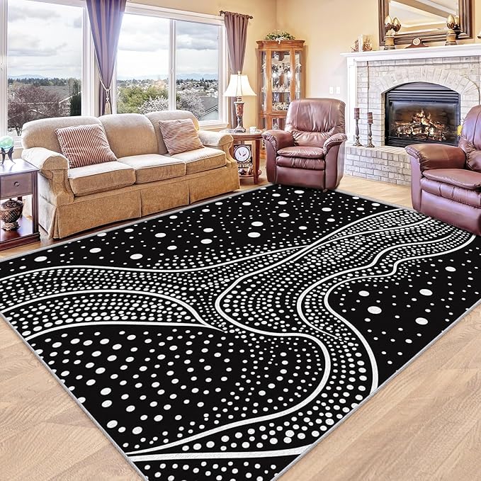Black and White Rugs for Living Room - Black and White Polka Dots Area Rug, 3x5 Rug, Abstract Rug & Home Decor, Contemporary Modern Carpet & Room Decor, Washable Non Slip Anti Skid Rugs
