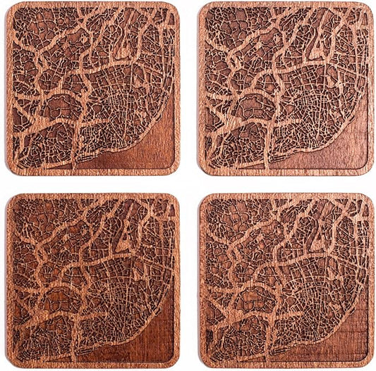 Lisbon Map Coaster by O3 Design Studio, Set Of 4, Sapele Wooden Coaster With City Map, Handmade