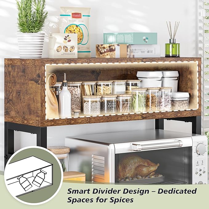EnHomee Microwave Stand, 4-Tier with 9 Hooks for Kitchen Countertop Organizer, 205LBS Microwave Shelf, Adjustable Kitchen Shelves Microwave Stand with Storage and Microwave Oven Rack (Brown)