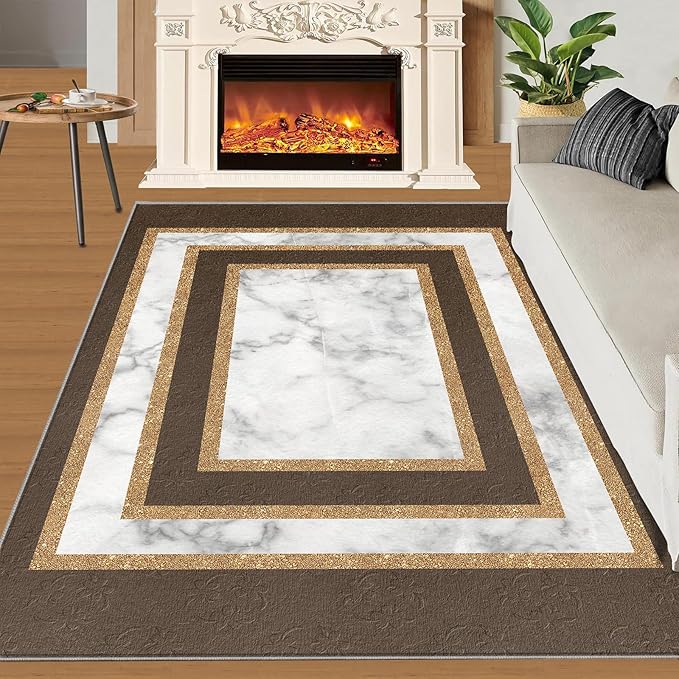 Marble Texture Area Rugs Rectangular Geometric Rug Gray White Marble Carpet Luxury Rug with Gold Accents Modern Minimalist Geometric Rugs for Bedroom Living Room 7x8ft