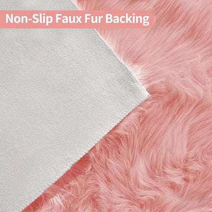 Pink Faux Fur Sheepskin Area Rug for Living Room Bedroom, 6 x 6 Feet Ultra Soft Shaggy Fuzzy Furry Carpet Chair Throw Large Rugs for Kids, Girls, Nursery Room Decor Dorms