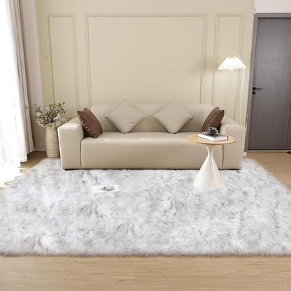 Gray and White Area Rug 6x9 Rugs for Bedroom Fuzzy Plush Large Sheepskin Washable Fluffy Fur Rug for Living Room Nursery Rug