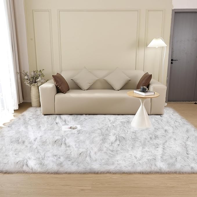 White and Grey Rug 8x10 Area Rugs for Living Room Machine Washable Shag Faux Sheepskin Furry Fur Rug Large Nursery Rectangle