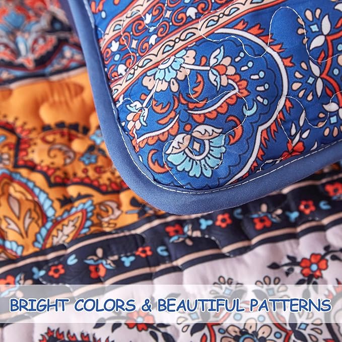 WONGS BEDDING Boho Quilt Set California King, Blue and Orange Bohemian Queen Summer Quilt Bedding Set, Lightweight Microfiber Bed Decor Bedspread for All Season 106"x96"(3 Pieces)