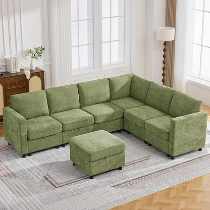 104'' V Shaped Modular Sofa, Sectional Couch with Storage for Living Room, Modern 7 Seater Cloud Sectional Couch with Movable Ottoman, Chenille Green
