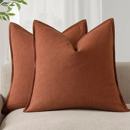 Foindtower Pack of 2, Decorative Linen Soild Throw Pillow Covers Soft Accent Cushion Case Farmhouse Neutral Pillowcase for Chair Couch Sofa Bedroom Living Room Home Decor 18 x 18 Inch Fall Rust Orange