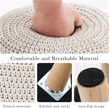 Boho Ottoman Foot Stool Cotton Knitted Round Pouf Ottoman Foot Rest Stool with Non-Skid Wooden Legs Step Stool Padded Seat for Living Room White