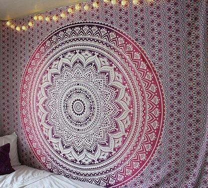 raajsee Large Pink Ombre Mandala Tapestry Wall Hanging,Indian Cotton Beach Throw Blanket Hippie Bohemian Elephant Queen Boho Décor,Meditation Yoga Mat Rugs 82x92 Inches