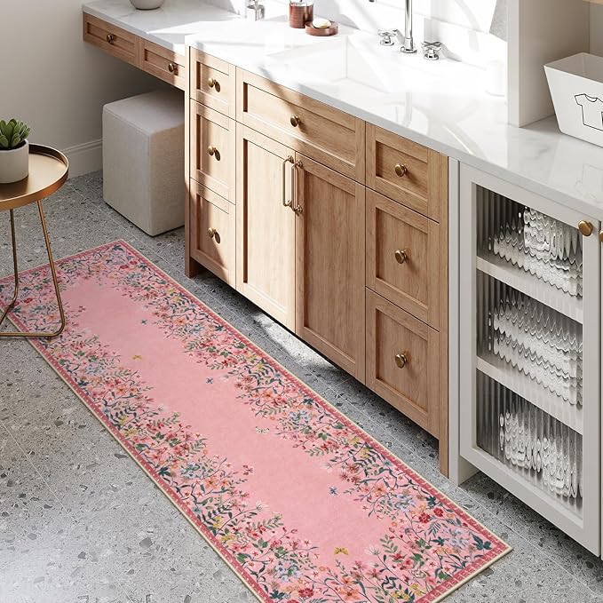 Lahome Boho Floral 2x6 Pink Bathroom Runner Rugs Non Slip Washable,Soft Runners for Hallways,Indoor Carpet Runner with Rubber Backing for Bedside Entryway Kitchen Laundry(Pink,2x6)