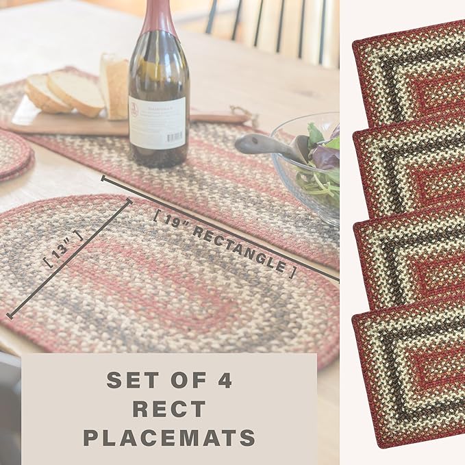 Homespice Chester Jute Woven Placemats, Warm Lodge and Cabin Decor, Set of 4, Red 13x19 Rectangle Table Mats - Vibrant Colors, Durable, Easy to Clean and Protects Furniture