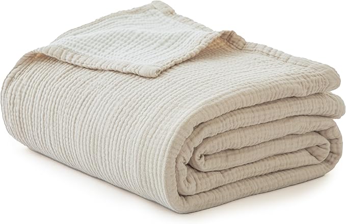 Simple&Opulence 100% Cotton Muslin Blanket King Size, Lightweight Breathable 4 Layering Gauze Blanket for Bed Couch Camping, Soft Bedspread Coverlet All-Season Use (Beige, 104" x 92")