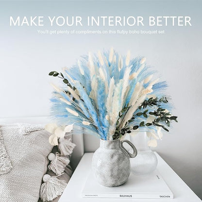 N&T NETING 101Pcs Blue Pampas Grass Decor Natural Dried Floral Pampas Grass Light Blue Boho Pampas Home Decor Fluffy Dried Pampas Flowers for Home Wedding Boho Beach Theme Table Decor