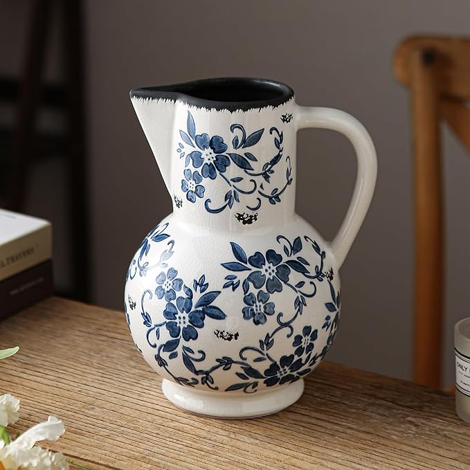 Blue and White Vintage Vase with Handle, Ceramic Chinoiserie Floral Pitcher Vase, Blue Large Vases for Home Decor Living Room, Rustic Table Centerpiece Grand Millennial and Tuscan Decor 8.7 Inch