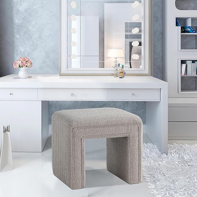 Get Set Style Vanity Stool Chair,Modern Boucle Ottoman Foot Stool with Wooden Legs Sofa Bench Footstool Extra Seat for Vanity,Makeup Room,Living Room,Entryway,Office (Fully Assembled) (Taupe)