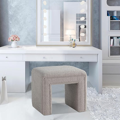 Get Set Style Vanity Stool Chair,Modern Boucle Ottoman Foot Stool with Wooden Legs Sofa Bench Footstool Extra Seat for Vanity,Makeup Room,Living Room,Entryway,Office (Fully Assembled) (Taupe)