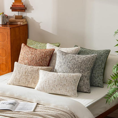 a moment Christmas Beige Reversible Pillow Covers 2 Pack - Farmhouse Chenille Throw Pillows, Neutral Textured Decorative Throw Pillow Covers with Border for Couch Sofa Bed (18x18 Inch, No Insert)
