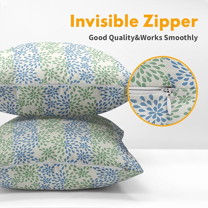Blue Green Pillow Covers 22x22 Set of 2 Modern Geometry Dahlia Floral Print Pattern Outdoor Decorative Linen Zipper Throw Pillows Cases Cushion Cover Rustic Decoration Farmhouse Sofa Couch Bed Decor