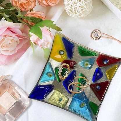 LADY&HOME Glass Decorative Jewelry Tray,Fused Art Glass Silver Foil Trinket Dish for Earrings,Necklace,Keys,Birthday Mother's Day Christmas Gifts for Women (Triangle)