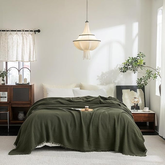 FOSSA Muslin Blanket with Fringe - 4-Layer 100% Cotton Gauze Super Soft & Breathable Throw -Lightweight Decorative Cooling Blanket for Bed, Sofa, Office -Super King Size 108" × 98" (Olive Green)